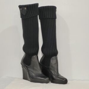 Gucci Hysteria Black Knit Sock Leather High Heel Wedge Slouch Boots GG Logo 